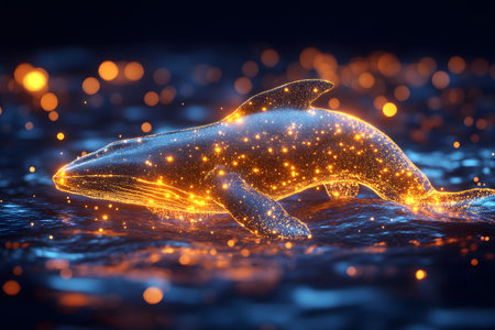 A luminescent whale, crafted in a glowing neon style, gracefully floats in a dazzling sea of vibrant lights. the ethereal ambiance evokes a sense of wonder and the fantastical, blending nature with digital artistry. Generative AIの素材