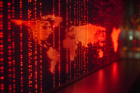 Illuminated digital world map in vivid red pixels represents global connectivity and technology. reflects concepts of digital communication, data networks, and modern technological advancements. Generative AIの素材