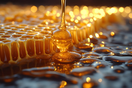 Close-up of a honeycomb with honey dripping slowly, showcasing the rich golden color and intricate texture. highlights the natural sweetness and organic purity, suitable for culinary and health-related projects. Generative AIの素材