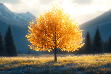 A solitary tree with vibrant golden leaves stands in a sunlit meadow, surrounded by majestic mountains. the warm hues of fall contrast with the cool backdrop, creating a striking natural scene. Generative AIの素材
