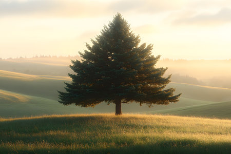 A lone evergreen tree stands majestically on a gentle hillside, bathed in the soft glow of a misty sunrise. the surrounding landscape features rolling hills covered in lush green grass, creating a serene and tranquil atmosphere. Generative AIの素材