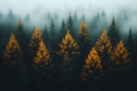 Misty forest with golden-hued evergreen trees creates a serene and mystical atmosphere. the morning fog hovers above, adding depth and tranquility. perfect for nature photography enthusiasts and as captivating wall art. Generative AIの素材