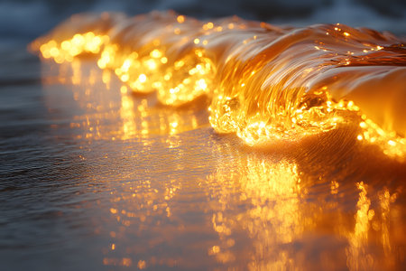 Golden waves gently roll onto the beach under a vibrant sunset, creating a serene and captivating coastal scene. the warm glow of the sun beautifully illuminates the water, reflecting a tranquil and inviting oceanic landscape. Generative AIの素材