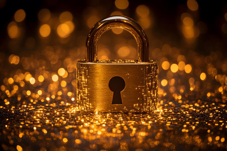 A gold padlock resting on a sparkling, glitter-covered surface, symbolizing security and privacy. the lock's shiny finish and the warm bokeh background create a luxurious and secure atmosphere. Generative AIの素材