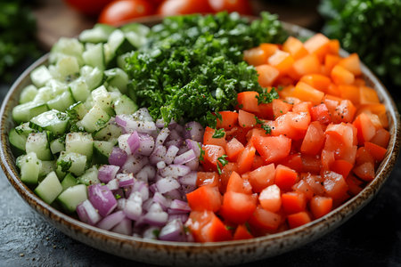 A vibrant bowl of fresh vegetables including diced tomatoes, cucumber, purple onion, and finely chopped parsley, artfully arranged in a circular pattern. perfect for health-focused culinary and lifestyle projects. Generative AIの素材