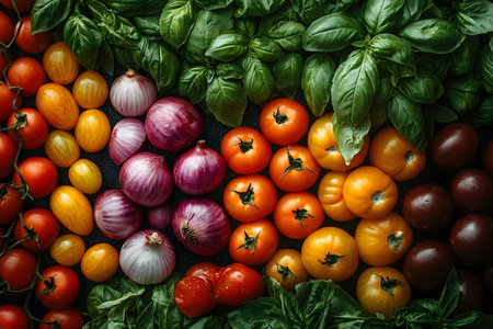 A vibrant arrangement of various tomatoes, red onions, and fresh basil leaves showcases rich textures and colors, ideal for culinary themes. this composition highlights the freshness and natural beauty of garden produce. Generative AIの素材