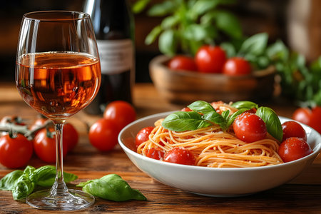 A tantalizing display of italian cuisine featuring a plate of spaghetti garnished with fresh tomatoes and basil leaves. accompanied by a glass of red wine, the setting exudes rustic charm with wooden textures and vibrant colors. Generative AIの素材