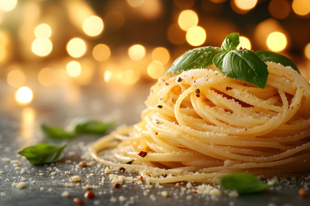 Spaghetti pasta artistically topped with grated parmesan and fresh basil, set against a warm, bokeh-lit background. the cozy lighting and close-up view enhance the gourmet presentation, ideal for culinary-focused designs or italian cuisine themes. Generative AIの素材