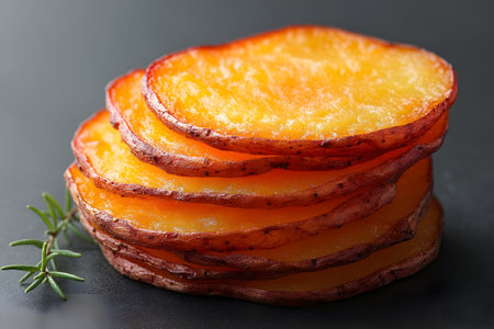 Sliced golden potatoes with crispy edges, stacked elegantly against a dark background. the vibrant texture ir appetizing appeal, enhanced by a sprig of fresh rosemary, suitable for culinary or food-related visual projects. Generative AIの素材