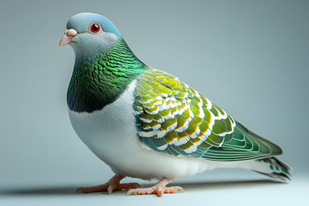 Close-up portrait of a pigeon with vivid blue and green plumage against a neutral background. the detailed feathers showcase intricate patterns, perfect for avian studies, educational materials, or nature-inspired designs. Generative AIの素材
