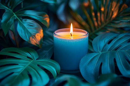 A serene scene featuring a lit candle surrounded by lush tropical monstera leaves, casting a warm glow. the interplay of light and shadow creates a tranquil ambiance, perfect for themes of relaxation and meditation. Generative AIの素材
