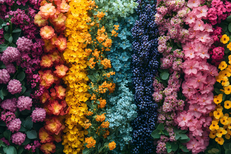 A vivid array of colorful flowers and berries arranged in a gradient pattern, showcasing a spectrum from rich purples to sunny yellows, cool blues, and vibrant pinks. ideal for seasonal themes, botanical backdrops, and floral designs. Generative AIの素材