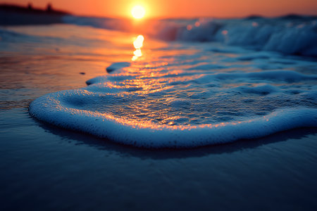 Golden sunlight reflects on serene ocean waves gently lapping against the sandy shore during a tranquil sunset. the soft foam and vibrant colors create a calming and peaceful coastal scene perfect for relaxation themes. Generative AIの素材