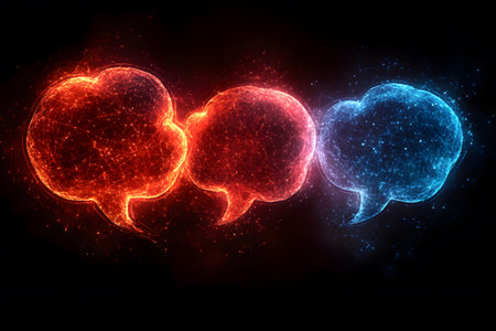Abstract digital rendering of interconnected speech bubbles illuminated in vibrant red and blue against a dark background, symbolizing dynamic communication, connection, and dialogue in a modern technological context. Generative AIの素材