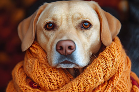 Golden labrador wearing a vibrant orange knitted scarf, embodying cozy autumn warmth. the dog's expressive eyes and the rich textures of the scarf create a heartwarming and seasonal mood. Generative AIの素材