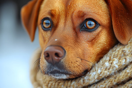 Close-up of a sweet, brown-eyed dog nestled warmly in a textured wool scarf. the soft focus on the background emphasizes the sharp details of its fur and the serene expression, evoking warmth and companionship. Generative AIの素材