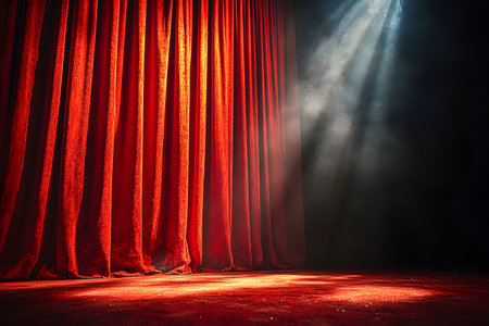 Vibrant red theater curtains with a spotlight casting dramatic lighting, creating a mysterious atmosphere. perfect for themes of performance, theatrical arts, drama, and set design inspiration. Generative AIの素材