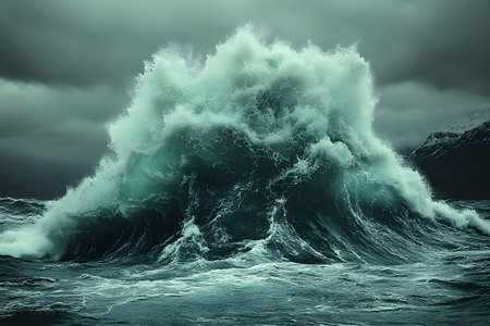 Towering ocean wave crashes dramatically against a stormy backdrop, showcasing the raw power and beauty of nature. dark clouds enhance the intense atmosphere, illustrating the untamed elements of the sea. Generative AIの素材
