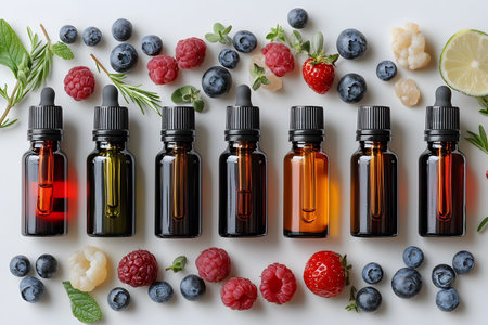 Essential oil bottles are arranged neatly with an assortment of fresh berries, herbs, and lime slices. the vibrant colors and natural ingredients highlight themes of wellness, aromatherapy, and holistic health. Generative AIの素材