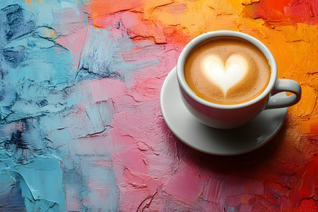 A cappuccino with a heart-shaped latte art design sits on a white saucer against a vibrant abstract background of bold blue, red, and orange brushstrokes. ideal for concepts related to coffee culture, art, or vibrant morning routines. Generative AIの素材