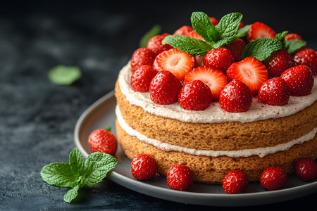 Strawberry shortcake adorned with fresh strawberries and mint on a dark textured background. featuring layers of sponge cake and cream, this delectable dessert offers a visually appealing and appetizing treat. Generative AIの素材