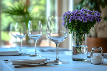 A sophisticated table setup featuring crystal wine glasses, a bouquet of purple flowers in a clear vase, white napkins, and a small glass salt shaker. the soft natural light creates an inviting ambiance, ideal for special occasions or elegant dining experiences. Generative AIの素材