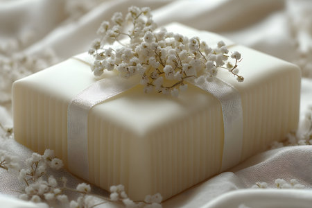 A beautifully wrapped gift box adorned with a satin ribbon and delicate baby's breath flowers, resting on soft, white fabric. ideal for weddings, anniversaries, or special celebrations, exuding elegance and sophistication. Generative AIの素材