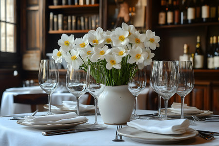 A sophisticated dining setup showcasing white flowers in a vase as the centerpiece, surrounded by polished glassware and neatly arranged white linens. the refined ambiance is enhanced by a warm, wooden interior and soft lighting. Generative AIの素材