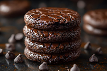 Stack of rich, freshly baked chocolate cookies with glistening chocolate chips against a dark background. perfect for showcasing dessert indulgence, sweet treats, or baking art for culinary content. Generative AIの素材