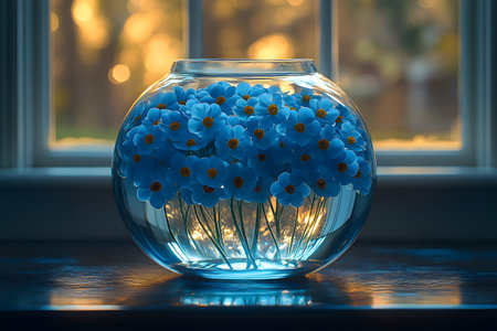 Vibrant blue flowers elegantly arranged in a spherical glass bowl sit on a windowsill, illuminated by the warm glow of a sunset. this serene composition highlights the beauty of nature combined with interior decoration. Generative AIの素材