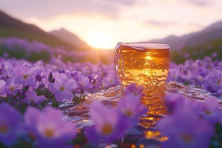 A serene dawn landscape of golden sunlight streaming through a glass of tea resting among vibrant lavender flowers in a lush meadow. soft light and hues create a tranquil and relaxing atmosphere. Generative AIの素材