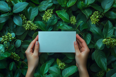 Blank paper held by hands surrounded by vibrant green leaves and budding flowers, illustrating themes of nature, freshness, and creativity. perfect for eco-friendly designs, invitations, or background concepts. Generative AIの素材