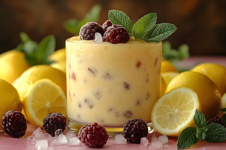 A chilled lemon dessert garnished with fresh raspberries, mint leaves, and ice cubes. surrounded by whole and sliced lemons, it evokes a refreshing summer vibe perfect for culinary and food-themed designs. Generative AIの素材
