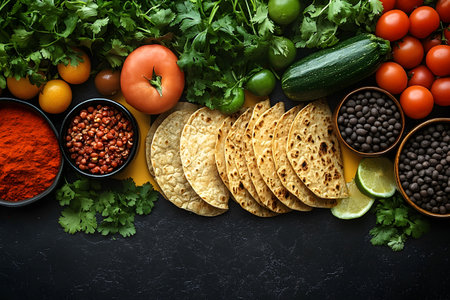 Fresh ingredients including cherry tomatoes, chili peppers, spices, herbs, and tortillas are artfully displayed on a dark background. the assortment showcases vibrant colors and textures, ideal for culinary themes and recipe designs. Generative AIの素材