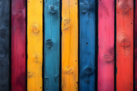 Vibrant vertical wooden planks in a spectrum of colors including black, blue, yellow, orange, red, and pink provide a striking backdrop. the texture and natural wood grain enhance the creative and decorative appeal. Generative AIの素材