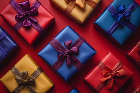 Colorful gift boxes with shiny ribbons arranged on a red background. each package showcases different hues of blue, red, and gold, creating a vibrant and festive atmosphere perfect for holiday celebrations or seasonal decor. Generative AIの素材