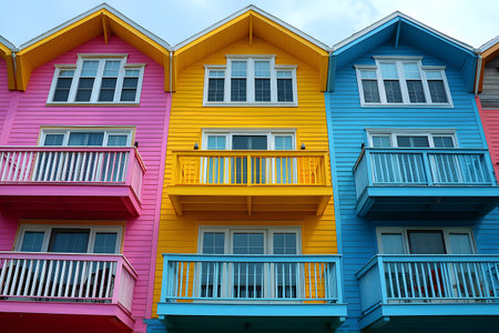 Brightly painted houses featuring pink, yellow, and blue facades with matching balconies and white trim. the harmonious color contrast and neat architecture evoke a lively and cheerful neighborhood ambiance. Generative AIの素材