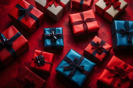Diverse gift boxes adorned with vibrant red and blue ribbons on a textured red background. perfect for illustrating holiday celebrations, christmas themes, and festive gifting designs in various media. Generative AIの素材