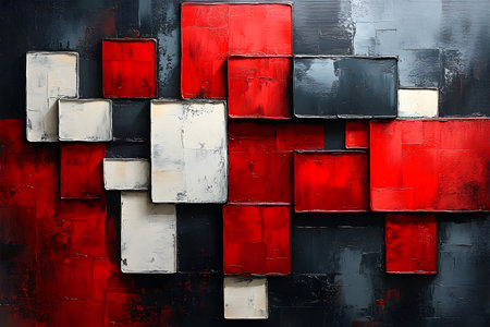 Geometric abstract art featuring bold rectangular shapes in vivid red, black, and white hues. perfect for modern decor and design projects, lending a contemporary and dynamic aesthetic to any space. Generative AIの素材
