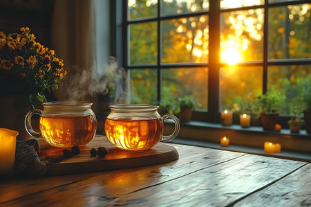 Steaming cups of tea sit on a wooden table, with a backdrop of autumn leaves and a glowing sunrise. candles and potted plants adorn the window, creating a warm, inviting atmosphere perfect for a serene morning. Generative AIの素材