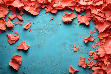 Torn red paper scattered on a blue textured surface creates a dynamic and eye-catching composition. ideal for design backgrounds, abstract art, and conceptual projects emphasizing color contrast and texture. Generative AIの素材