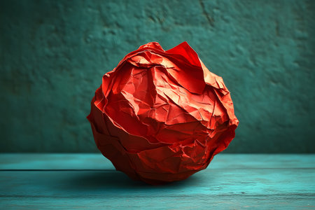 A vibrant red paper sphere, artfully crumpled, sits atop a wooden teal surface, set against a textured green wall. the contrasting colors create a striking visual, emphasizing abstract art concepts and color theory. Generative AIの素材