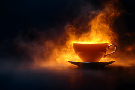 A striking visual featuring a coffee cup enveloped in vivid flames and swirling smoke against a dark background. perfect for creative print designs, illustrating themes of warmth, energy, or intensity. Generative AIの素材