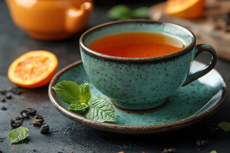 A steaming cup of tea sits on a rustic saucer, accompanied by fresh mint leaves and a slice of orange. the warm tones and textured surface create a comforting atmosphere, ideal for relaxation and enjoying a soothing beverage. Generative AIの素材