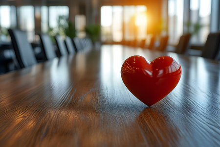 A red heart-shaped object rests on a wooden conference table, bathed in warm sunlight. the blurred office setting in the background suggests themes of love, business, and warmth in professional environments. Generative AIの素材