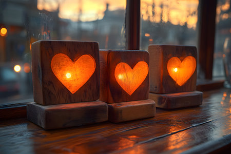 Rustic wooden candle holders featuring heart shapes, illuminated warmly against a vivid sunset backdrop. perfect for creating a cozy, intimate atmosphere in home settings or romance-themed events. Generative AIの素材