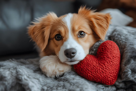 A cute puppy with soulful eyes lies peacefully on a soft blanket, resting its head on a red heart-shaped pillow. perfect for valentine's day themes, pet-related designs, or cozy home decor inspiration. Generative AIの素材