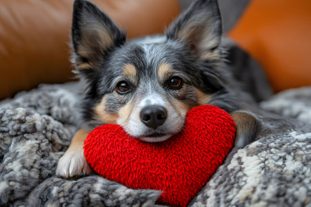 A cute dog with fluffy fur and attentive eyes rests its head on a red heart-shaped plush, surrounded by a soft, textured blanket. the image exudes warmth and affection, ideal for themes of love, pet care, and coziness. Generative AIの素材