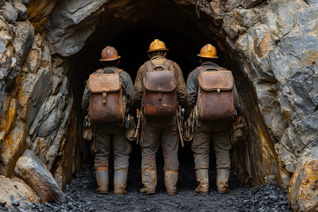 Three miners, equipped with helmets and backpacks, venture into a rock-hewn mine tunnel. their worn attire and tools emphasize the rugged nature of their work. the scene challenges and essence of underground mining exploration. Generative AIの素材
