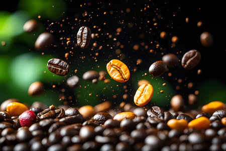 Vibrant coffee beans burst through the air against a blurred green backdrop. the dynamic motion and rich textures emphasize freshness and energy, creating a striking visual ideal for beverage marketing or artistic posters. Generative AIの素材